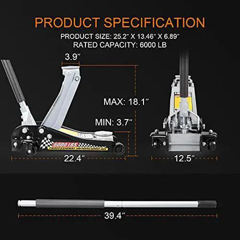 Product specifications of Low Profile Hydraulic Floor Jack With Quick Lift Pump For Racing And Everyday Use Three Ton Capacity Durable Steel Construction Easy Lift Lifts From About 3.7 Inches To 18.7 Inches Black with dimensions and max/min lift shown in diagram.