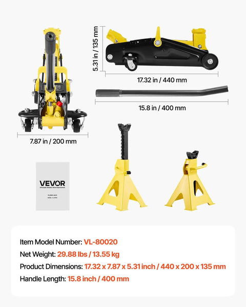 Low Profile Floor Jack 2 Ton With Stands By VEVOR Beefy Workhorse Hydraulic Trolley Car Lift For Low Clearance Sports Cars And SUVs 4400 Lb Capacity Quick Lift Single Piston Pump Lifting Range 5.1 To 12.2 Inches Steel Racing Design with stands and handle shown.