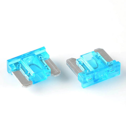 Low Profile Mini Blade Fuses, 15A 25 Pack Automotive Fuses, zinc alloy terminals, blue plastic casing, suitable for vehicles.