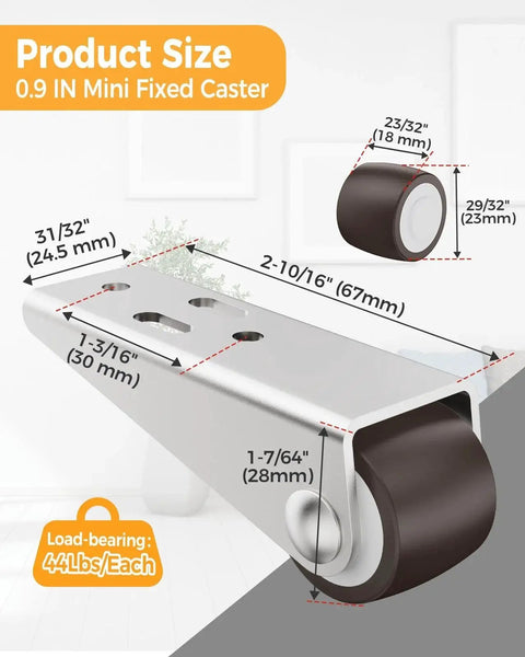 Diagram of Low Profile Mini Caster Wheels Set Of 2 Silent TPE Wheels With Long Frame Rigid Fixed Castors showing 0.9 inch size details.
