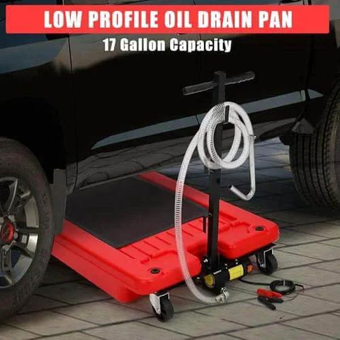 18 Gallon Low Profile Oil Drain Pan With Electric Pump Kit under vehicle, showing red heavy-duty oil change pan with hose and pump.