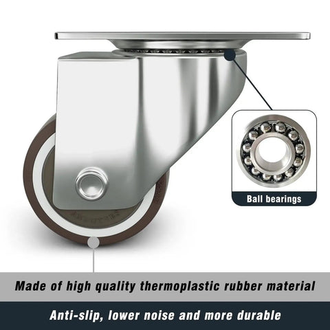 Close-up of low profile 1 inch caster wheel showing rubber material and ball bearings, with top plate and screw detail.