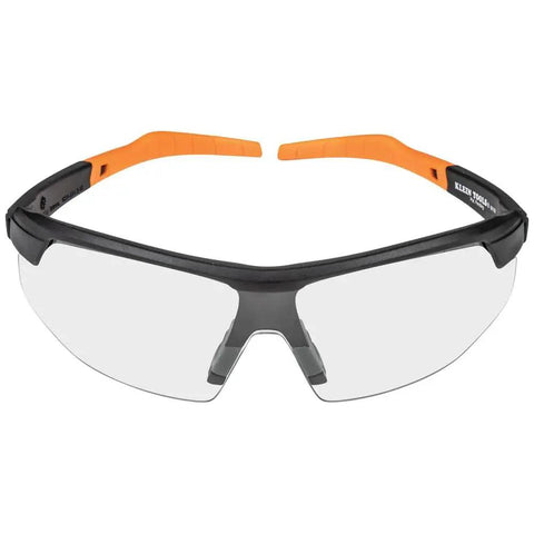 Front view of Low Profile Safety Glasses Narrow Lens Z87 1 Anti Fog Scratch Resistant 2 Pack with orange temples.