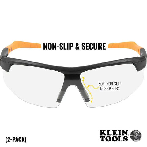 Front view of Low Profile Safety Glasses Narrow Lens Z87 1 Anti Fog Scratch Resistant 2 Pack with orange accents