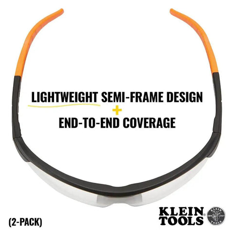 Front view of low profile safety glasses, narrow lens, Z87 1, anti-fog, scratch-resistant, 2-pack, lightweight semi-frame design.