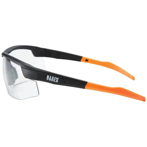 Low Profile Safety Glasses Narrow Lens Z87 1 Anti Fog Scratch Resistant 2 Pack, side view with orange arms