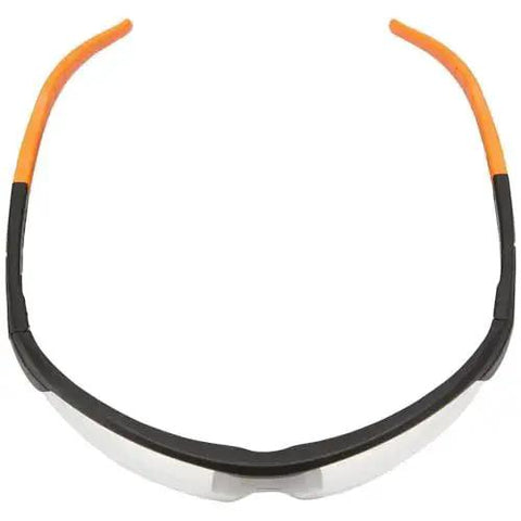 Low Profile Safety Glasses Narrow Lens Z87 1 Anti Fog Scratch Resistant 2 Pack, top view showing orange and black frame