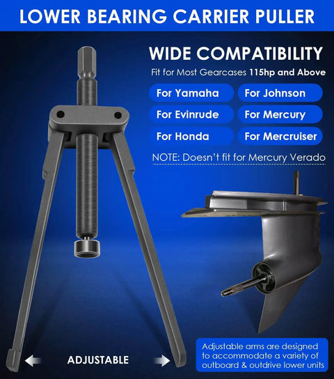 Lower Bearing Carrier Puller With Adjustable Arms For Outboard And Stern Drive Gearcases 115HP And Up, shown with gearcase.