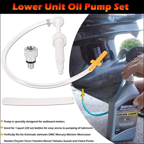 Lower Unit Gear Lube Fill Pump Set with Metric Adapter for Used with 32 oz Quart Bottles, shown with installation on sterndrive