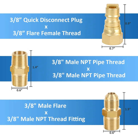 Six Piece 3/8 Inch LP Propane And Natural Gas Quick Connect Fittings Kit For Low Pressure Gas Systems detail view of fittings