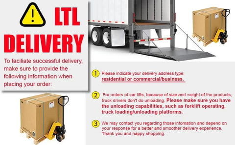 LTL delivery instructions with image of a package on a pallet jack near a truck loading dock, highlighting delivery requirements.