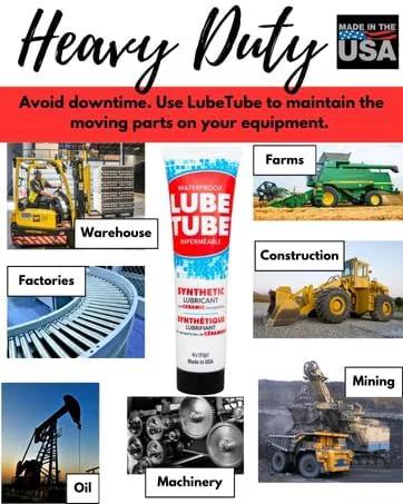 LubeTube 4oz Multipurpose Synthetic Grease tube surrounded by images of heavy duty equipment uses in warehouse, farm, factory, construction, mining, oil, and machinery.