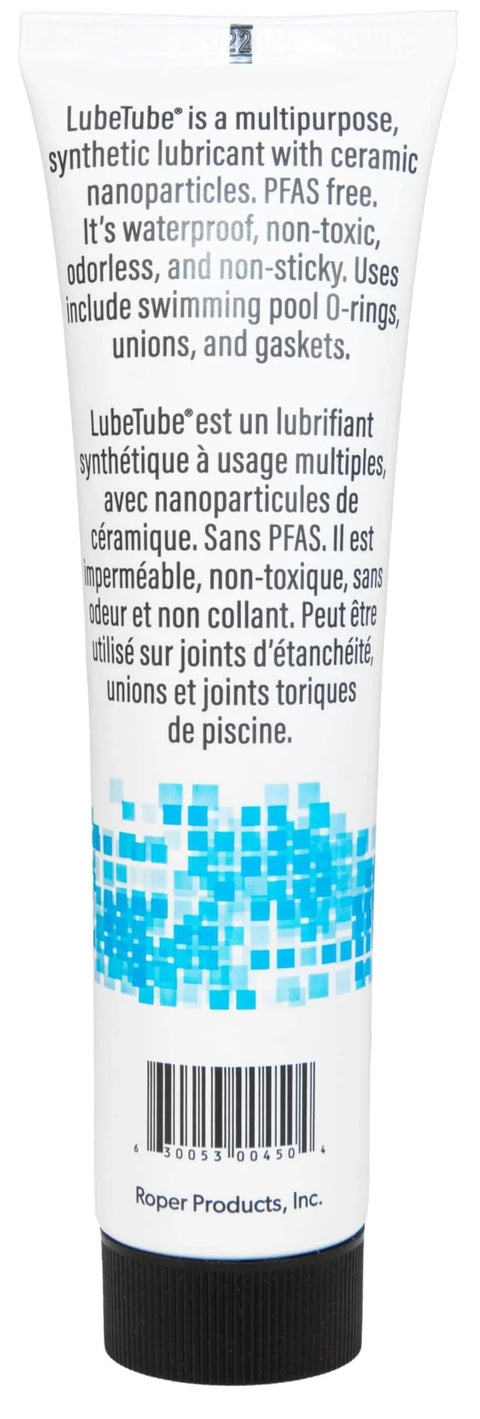 Back view of LubeTube 4oz tube, synthetic lubricant with ceramic nanoparticles, PFAS-free, for pool and plumbing applications.