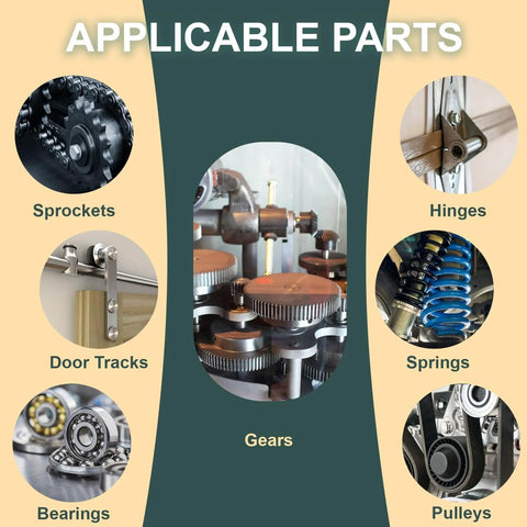 Various parts including sprockets, door tracks, bearings, hinges, springs, gears, and pulleys for White Lithium Grease application.