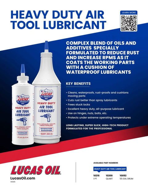 Lucas Oil Heavy Duty Air Tool Lubricant 1 Quart Bottle with key benefits and product details for pneumatic tools