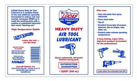 Label of Lucas Oil 10200, Air Tool Lubricant For Pneumatic Tools That Extends Tool Life, 1 Quart Bottle, use instructions included.