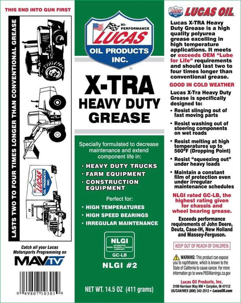 Label of Lucas Oil 14.5 Ounce 10301 Heavy Duty Grease, 14.5 oz, Green can, showing product details and usage applications.