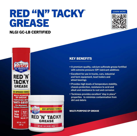 Lucas Oil 10005 Red 'N' Tacky Grease - 14 Ounce tube and tub with product benefits on blue background.