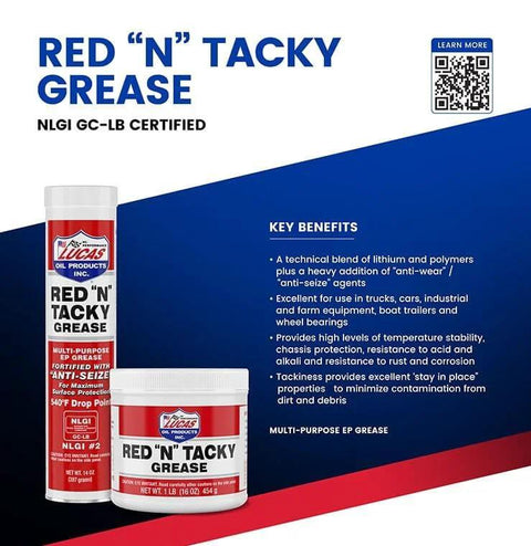 Lucas Oil 10318 Red N Tacky Grease 3 Ounce Combo Pack tubes with product benefits listed.