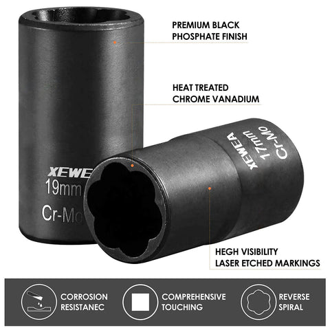 Nine Piece Lug Nut Extractor Set With One Half Inch Drive Bolt Remover Sockets in chrome vanadium with 19mm and 17mm size markings