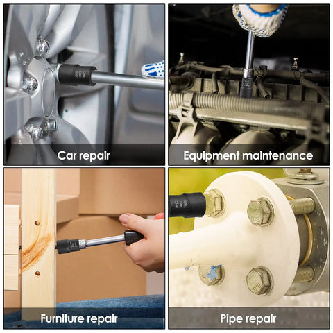 Nine Piece Lug Nut Extractor Set With One Half Inch Drive Bolt Remover Sockets For Damaged Rusted Rounded Off Bolts And Wheel Lock Removal Easy Out Extractor Set For Impact Tools A Solid Fathers Day Gift in use on car, equipment, furniture, and pipe repair.