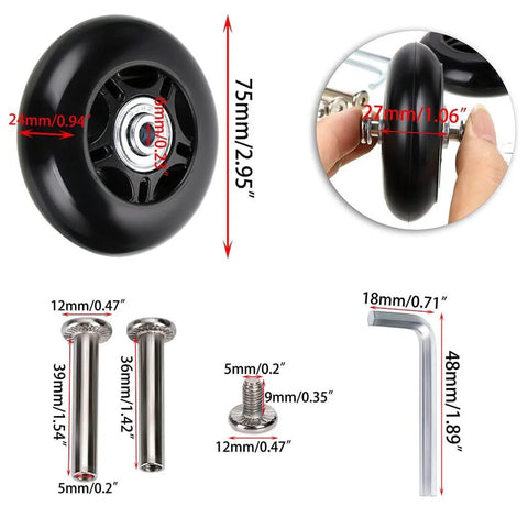 75 x 24mm Luggage Suitcase Replacement Wheels, Rubber Swivel Caster Wheels Bearings Repair Kits, Set of 2 with tools