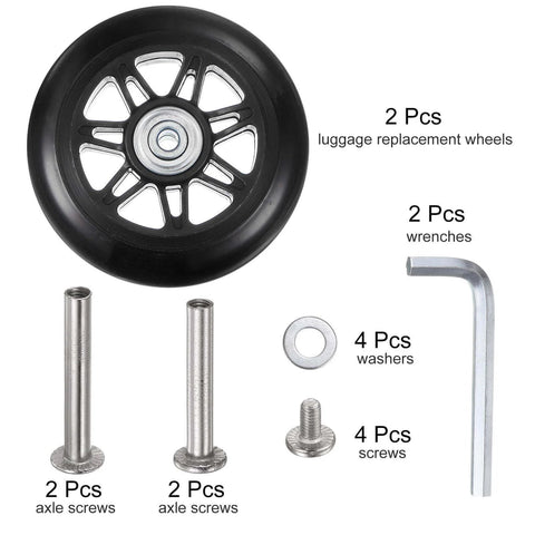 Replacement Luggage Wheels 90x24mm Suitcase Repair Kit with PU Bearing Wheels, 2 wheels, axle screws, washers, wrenches laid out.