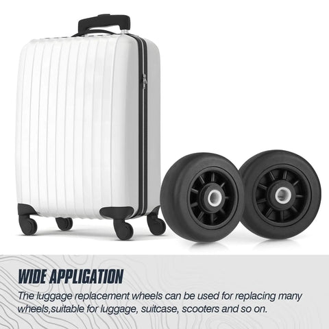 Four Piece 50mm Luggage Replacement Wheel Kit For Travel Suitcases Swivel Caster Wheels With Smooth Rubber Tread next to suitcase