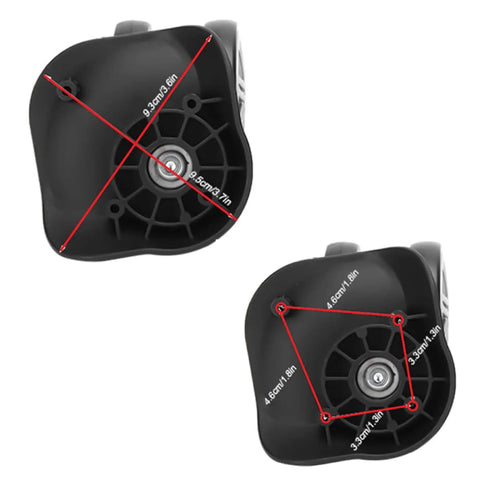 2 Pcs Replacement Luggage Wheels For Most Suitcases Durable Plastic 360 Degree Spinner Wheels With Smooth Quiet Rotation Ideal For Quick DIY Repair And Refitting Travel Luggage With Universal Fit And Four Hole Mounting Alignment, view of wheel mount holes and alignment measurements