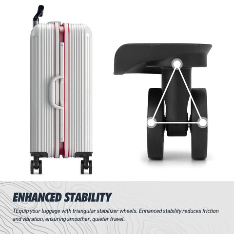 Replacement Luggage Swivel Caster Wheels Pair With 360 Degree Rubber Trolley Wheel Kit For Suitcases Repair And Travel Durable And Load Bearing With Premium PVC Rubber Metal Construction For Heavy Luggage And Smooth Quiet Rolling DL130, side view of luggage with stabilizer wheel detail