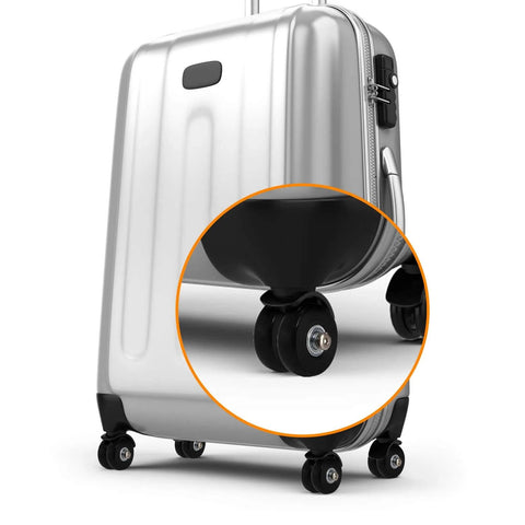 Set of 8 Luggage Suitcase Replacement Wheels, 50 x 18mm PU Caster Wheels Bearings Repair Kits shown on silver suitcase