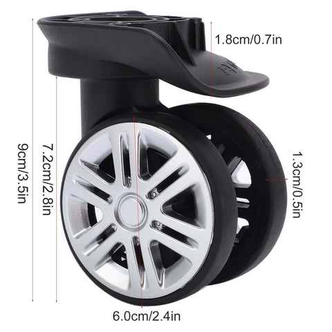 1 Pair Luggage Suitcase Wheels, Trunk Wheels close-up view showcasing mute double row design and detailed measurements.