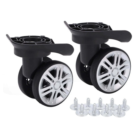 1 Pair Luggage Suitcase Wheels showing trunk wheels with mute double row, black and silver design, including screws for installation.