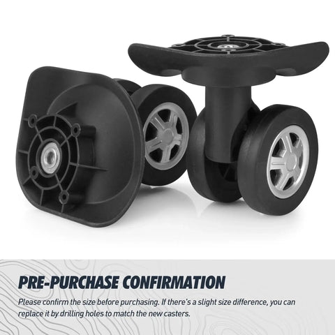 Replacement Luggage Swivel Caster Wheels Pair With 360 Degree Rubber Trolley Wheel Kit For Suitcases Repair And Travel Durable And Load Bearing With Premium PVC Rubber Metal Construction For Heavy Luggage And Smooth Quiet Rolling DL130, showing two black wheels with silver center.