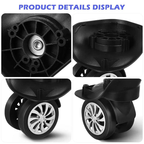Close-up view of the 4 Piece Universal Luggage Wheels Replacement Kit For Suitcases, 360 Degree Silent Swivel Casters, Easy Install Rubber Rollers For Travel Bags, Trolley Wheels, Precise Fit Verified By Wheel Diameter And Mounting Hole Distance showing the wheel details and mounting holes.