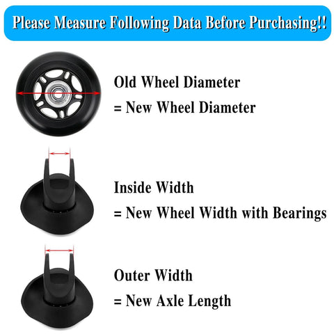 Diagram showing measurements for replacing 75 x 24mm luggage suitcase replacement wheels, rubber swivel caster wheels bearings repair kits, set of 2.