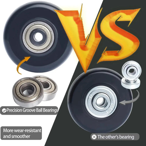 Comparison of 50mm Luggage Wheel Replacement Kit With Precision Ball Bearings and standard bearings showing groove details