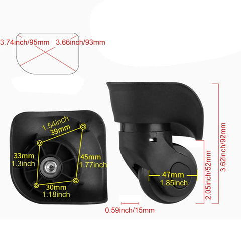 Black Luggage Wheel Replacement Set For Suitcases Left And Right Swivel Caster Wheels With 4 Hole Mounts And 360 Degree Rotation