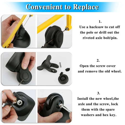 Installation guide for 50mm x 18mm Set of 4 Luggage Suitcase Replacement Wheels, showing step-by-step wheel replacement process.