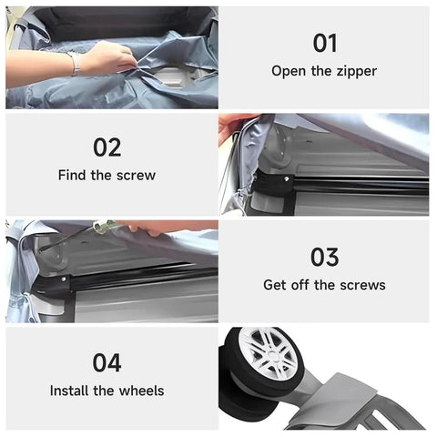 Step-by-step guide for installing 2 pcs replacement luggage wheels for most suitcases durable plastic 360 degree spinner wheels.