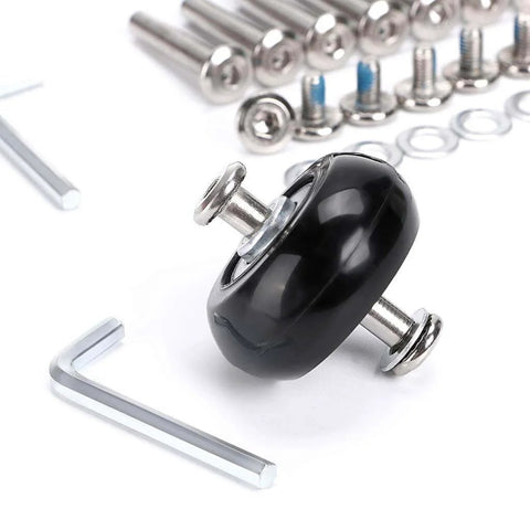 Close-up of 40mm x 18mm luggage suitcase replacement wheel kit with rubber swivel caster and tools, bearings included, a set of 4