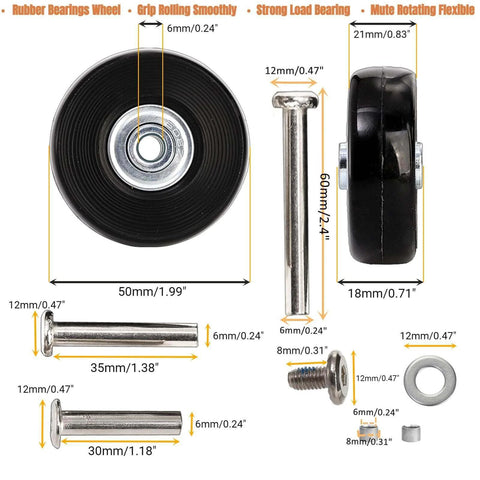 Close-up of Set of 8 Luggage Suitcase Replacement Wheels, 50 x 18mm PU Caster Wheels Bearings Repair Kits with measurements and details