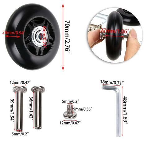 70mm x 24mm Single Luggage Wheels Replacements Kit showing wheels, axles, screws, and wrench for suitcase repair.