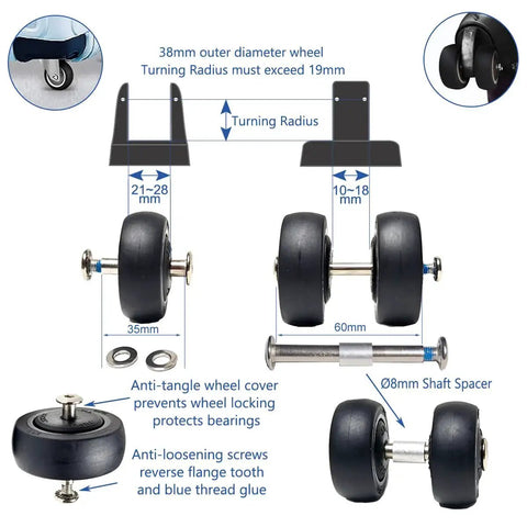 Eight Pack Luggage Wheels Replacement Set Compatible With Most Suitcases Spinners Rolling Duffels And Carry Ons kit diagram