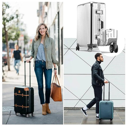 Travelers with luggage showcasing 2 Pcs Replacement Luggage Wheels For Most Suitcases Durable Plastic 360 Degree Spinner Wheels