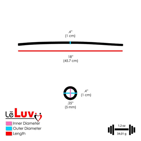 Dimensions diagram showing LeLuv tube with .4" outer diameter and .25" inner diameter, 18" length, weight 1.2 oz