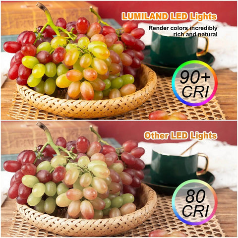 Comparison of grapes under LUMILAND LED lights with 90+ CRI and other LED lights with 80 CRI, showing color difference.