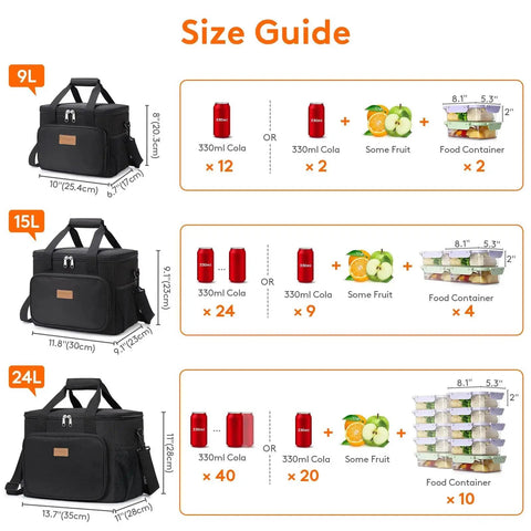 Size guide of 9L, 15L, and 24L insulated lunch bags showing capacity with drinks, fruit, and food containers