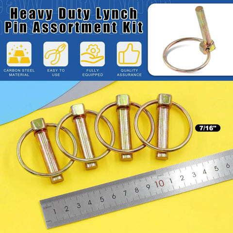 Lynch Pin And Lanyard Cable Kit With Quick Release Rings For Farm Gear - 15Pcs Of 7 Sixteenth Inch pins displayed on yellow background