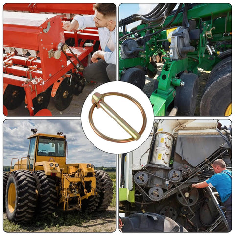Beefy Lynch Pin Assortment Kit, shown in use with farm tractors, mowers, and trailers, 4.5mm diameter by 36mm length.